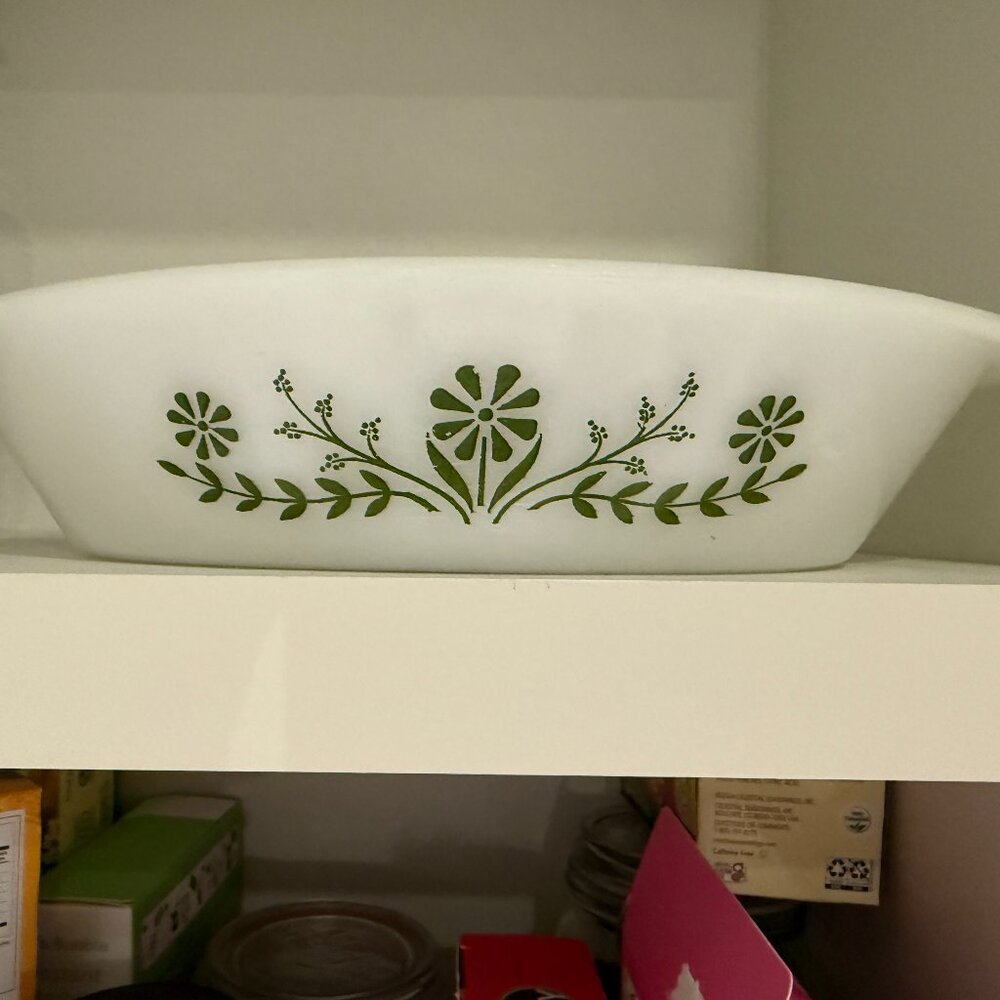 Vintage Oval Glasbake Green Crazy Daisy Divided Casserole Dish J2352 MilkGlass